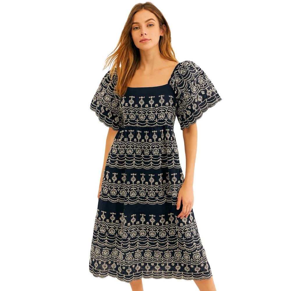 Joie Navy and White Embroidered Patterned Midi Dress Cottage Boho Costal Cowgirl